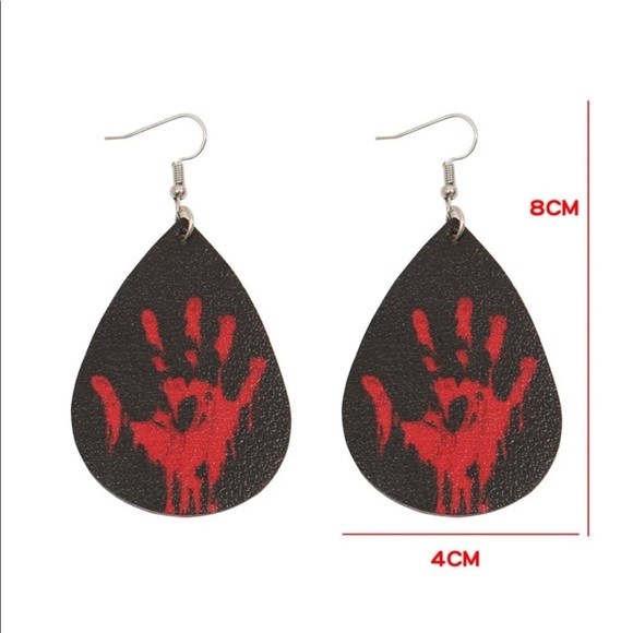 Bloody Handprint Vegan Leather Teardrop Earrings - Picture 2 of 4